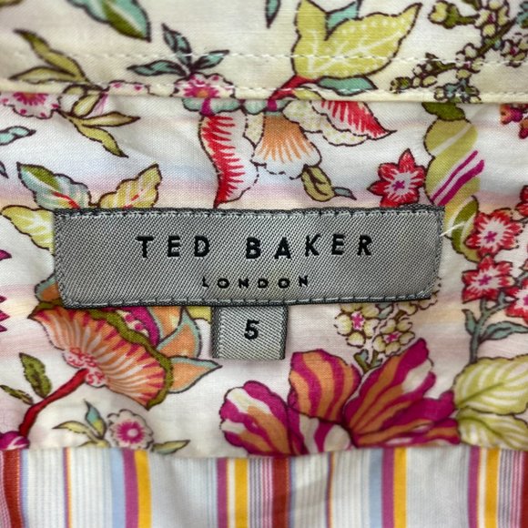 Ted Baker London Shirt Women Size 5 White Pink Orange Stripe Button Up Loose Fit - Picture 4 of 10